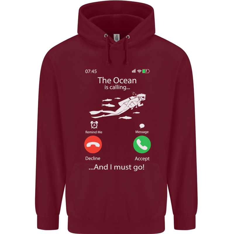 The Ocean Is Calling Scuba Diving Diver Childrens Kids Hoodie Maroon