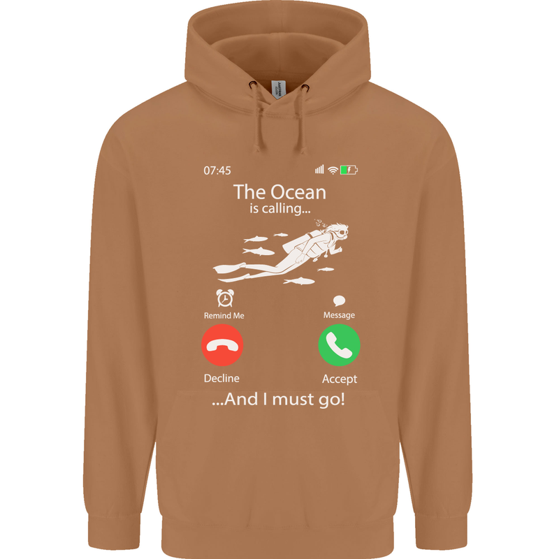 The Ocean Is Calling Scuba Diving Diver Mens 80% Cotton Hoodie Caramel Latte