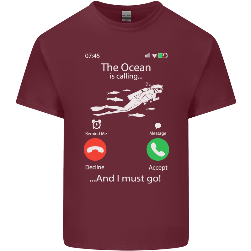The Ocean Is Calling Scuba Diving Diver Mens Cotton T-Shirt Tee Top Maroon
