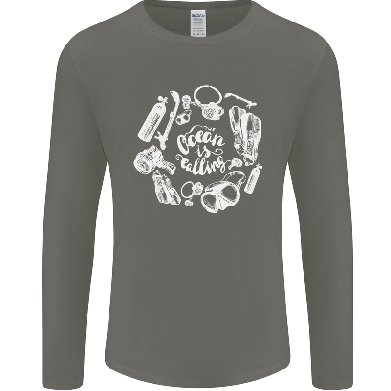 The Ocean Is Calling Scuba Diving Diver Mens Long Sleeve T-Shirt Charcoal