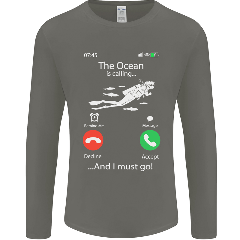 The Ocean Is Calling Scuba Diving Diver Mens Long Sleeve T-Shirt Charcoal