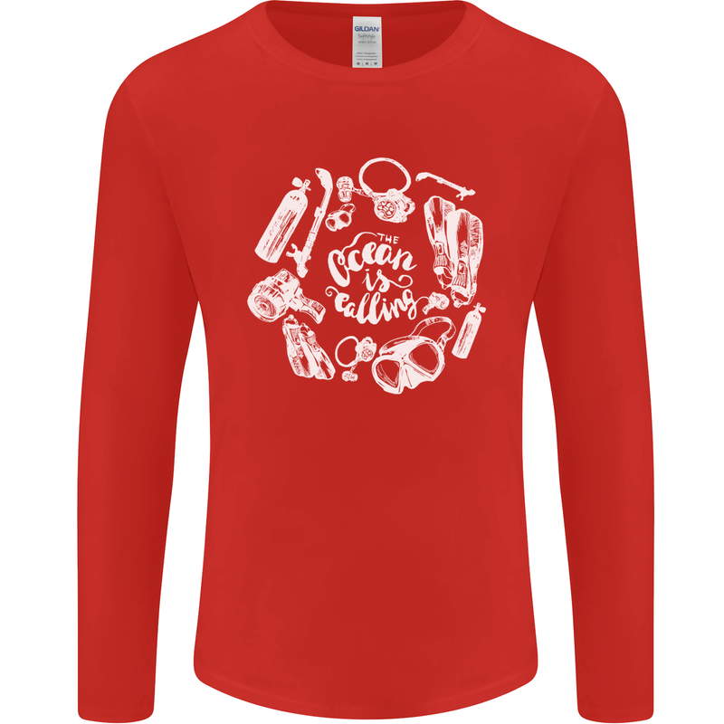 The Ocean Is Calling Scuba Diving Diver Mens Long Sleeve T-Shirt Red