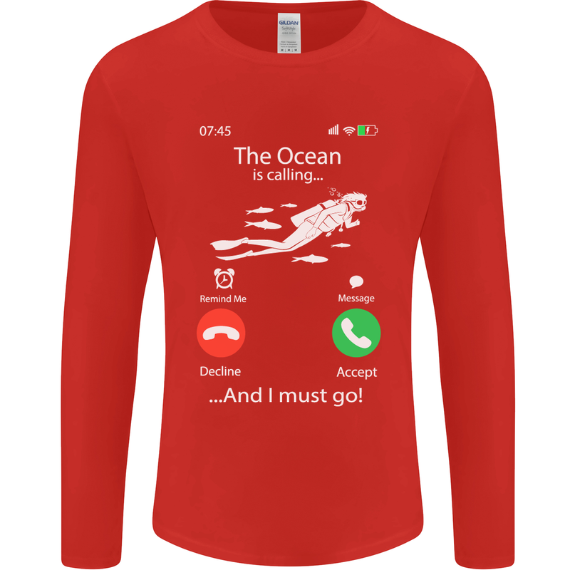 The Ocean Is Calling Scuba Diving Diver Mens Long Sleeve T-Shirt Red