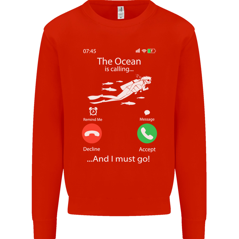 The Ocean Is Calling Scuba Diving Diver Mens Sweatshirt Jumper Bright Red