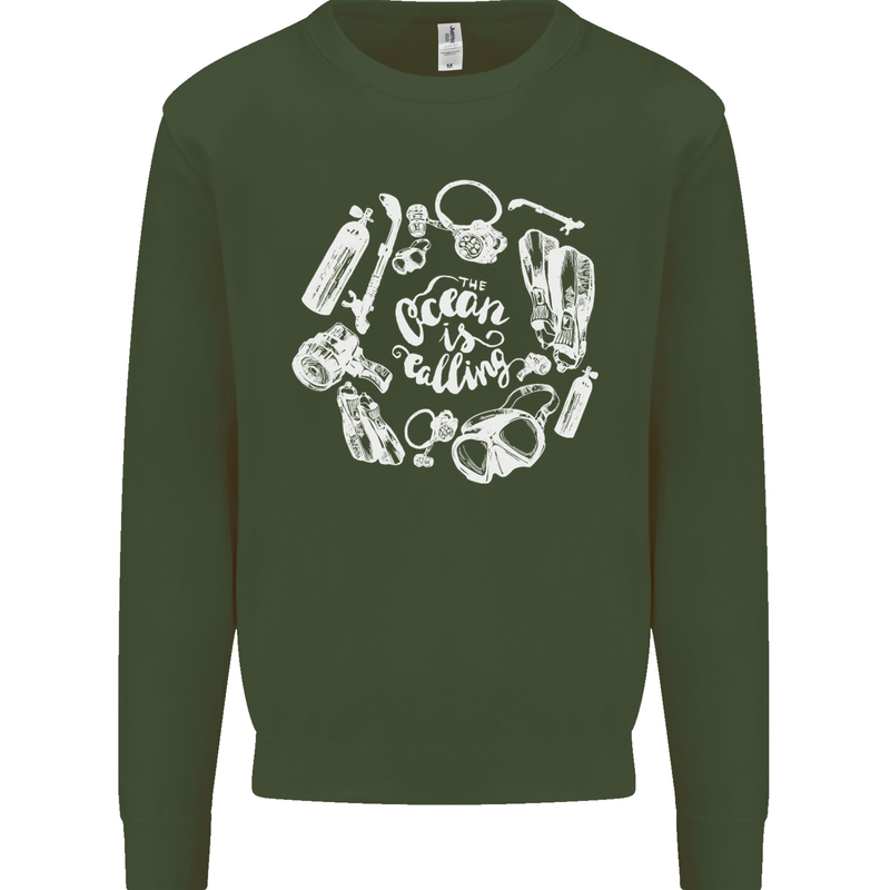 The Ocean Is Calling Scuba Diving Diver Mens Sweatshirt Jumper Forest Green
