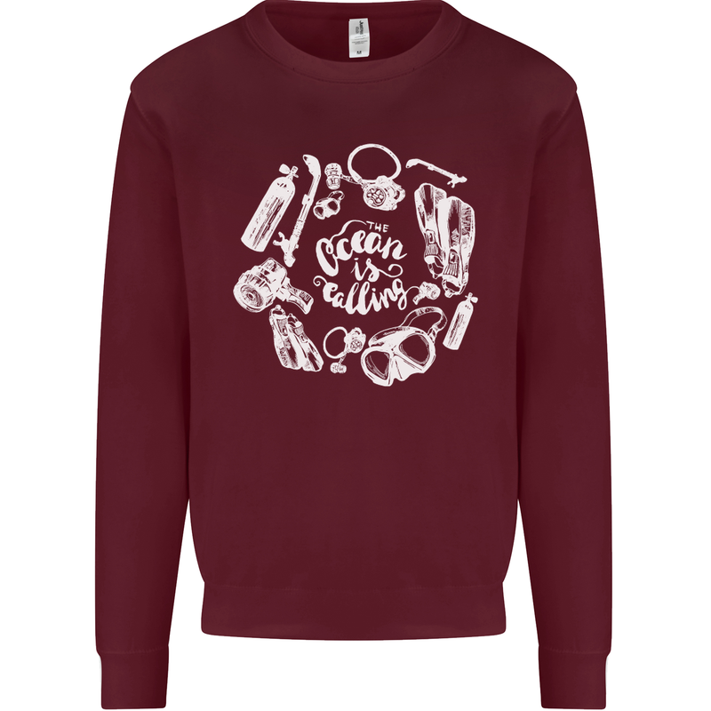 The Ocean Is Calling Scuba Diving Diver Mens Sweatshirt Jumper Maroon