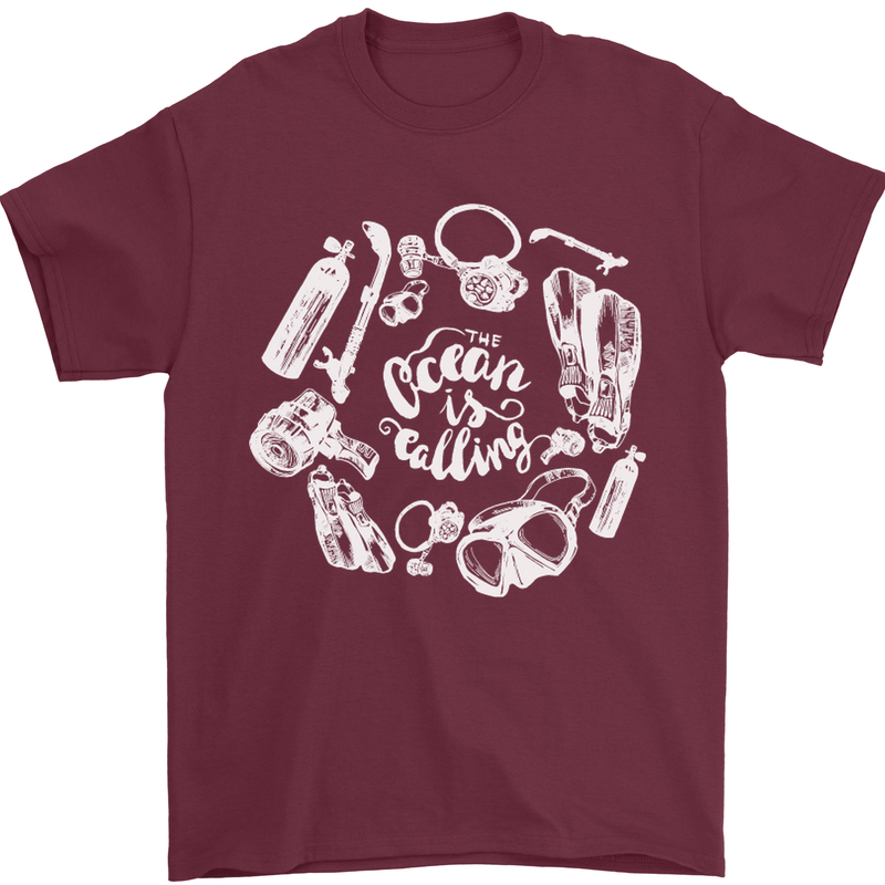 The Ocean Is Calling Scuba Diving Diver Mens T-Shirt Cotton Gildan Maroon