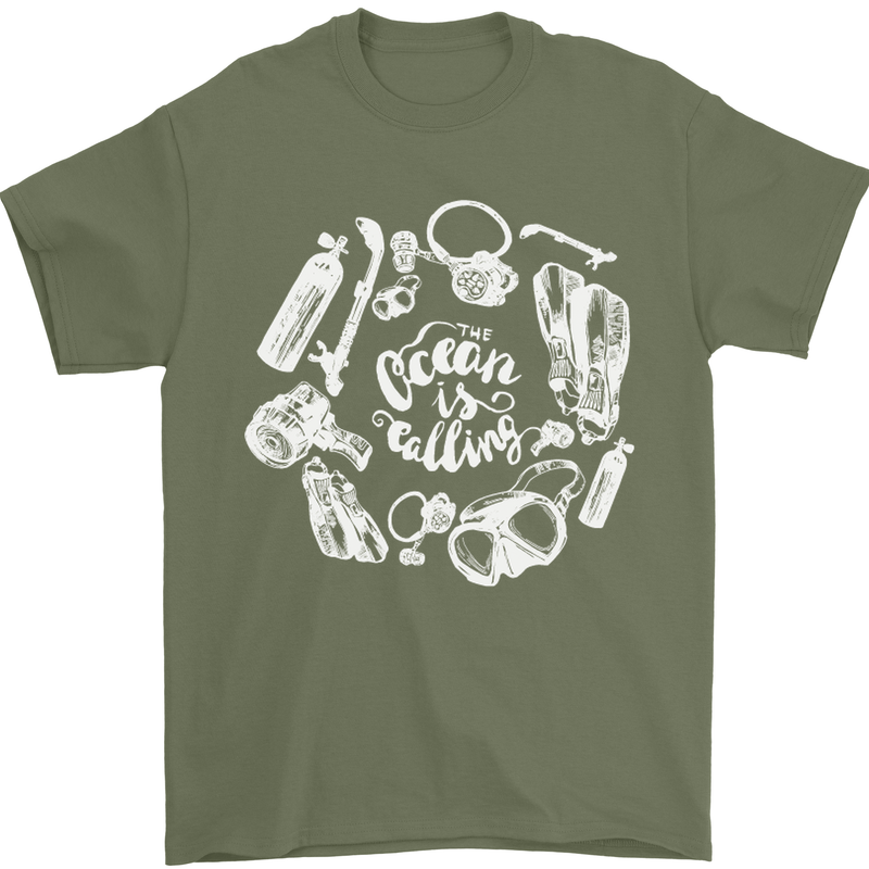 The Ocean Is Calling Scuba Diving Diver Mens T-Shirt Cotton Gildan Military Green