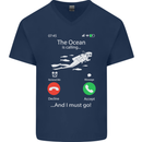 The Ocean Is Calling Scuba Diving Diver Mens V-Neck Cotton T-Shirt Navy Blue