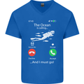 The Ocean Is Calling Scuba Diving Diver Mens V-Neck Cotton T-Shirt Royal Blue