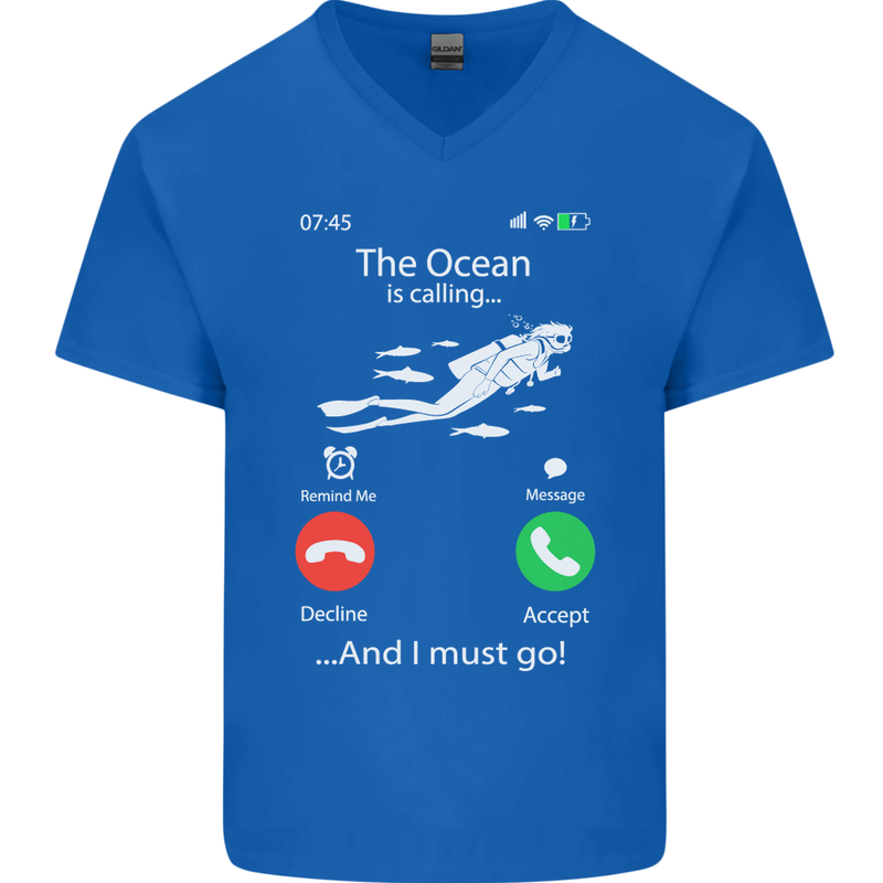 The Ocean Is Calling Scuba Diving Diver Mens V-Neck Cotton T-Shirt Royal Blue
