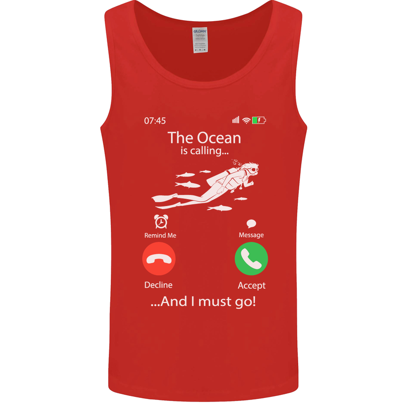 The Ocean Is Calling Scuba Diving Diver Mens Vest Tank Top Red