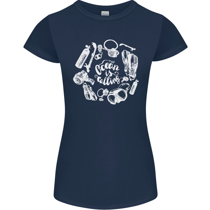 The Ocean Is Calling Scuba Diving Diver Womens Petite Cut T-Shirt Navy Blue