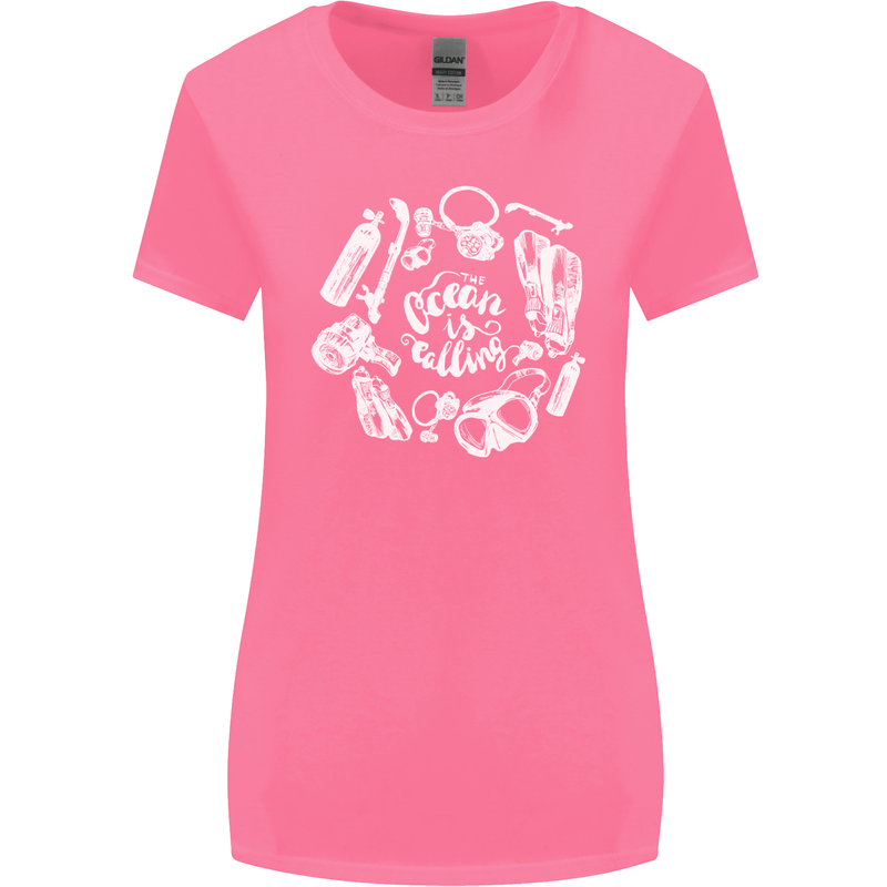 The Ocean Is Calling Scuba Diving Diver Womens Wider Cut T-Shirt Azalea