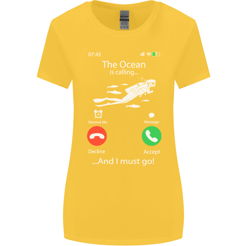 The Ocean Is Calling Scuba Diving Diver Womens Wider Cut T-Shirt Yellow