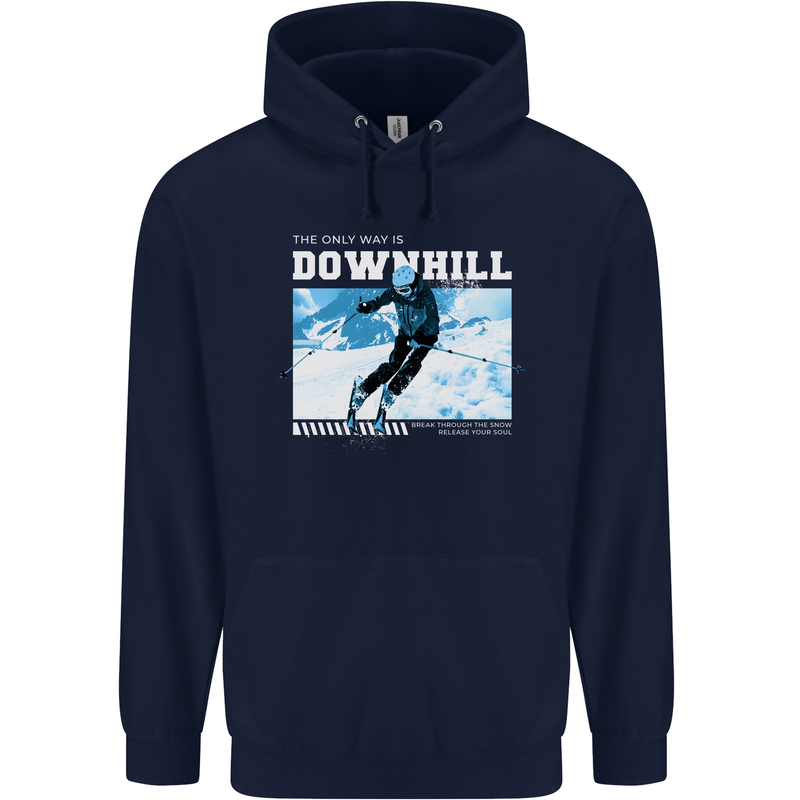 The Only Way is Downhill Skiing Ski Skier Childrens Kids Hoodie Navy Blue