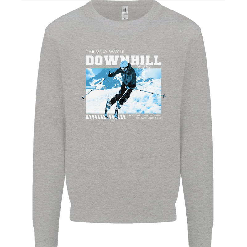 The Only Way is Downhill Skiing Ski Skier Kids Sweatshirt Jumper Sports Grey
