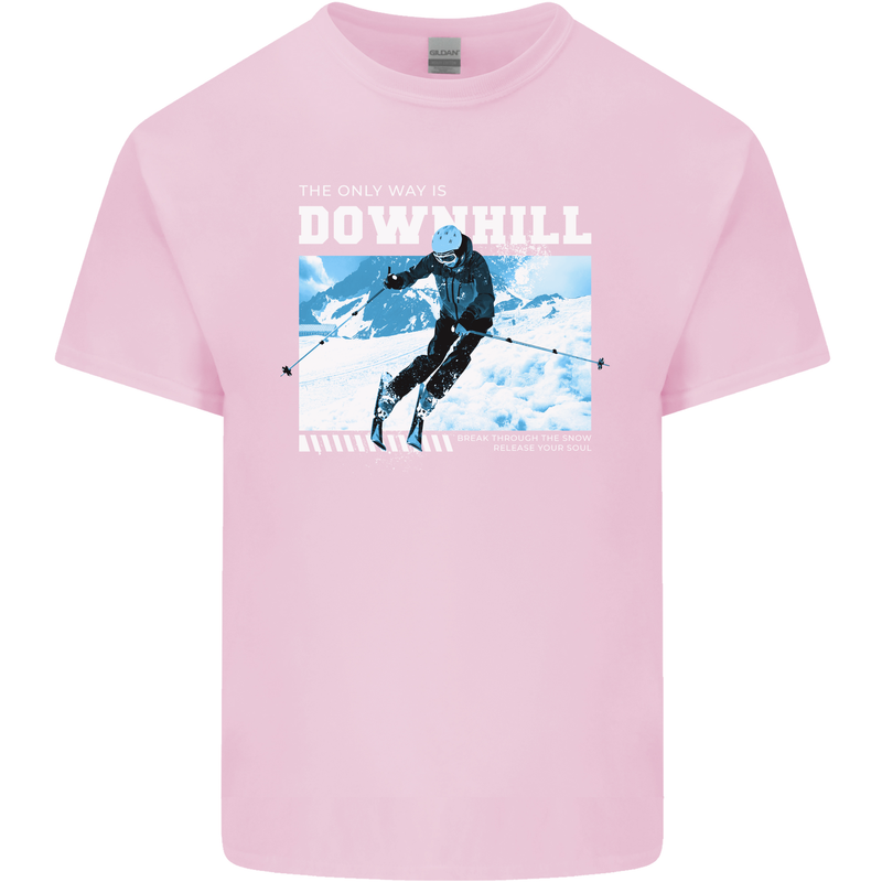 The Only Way is Downhill Skiing Ski Skier Kids T-Shirt Childrens Light Pink