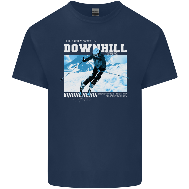 The Only Way is Downhill Skiing Ski Skier Kids T-Shirt Childrens Navy Blue