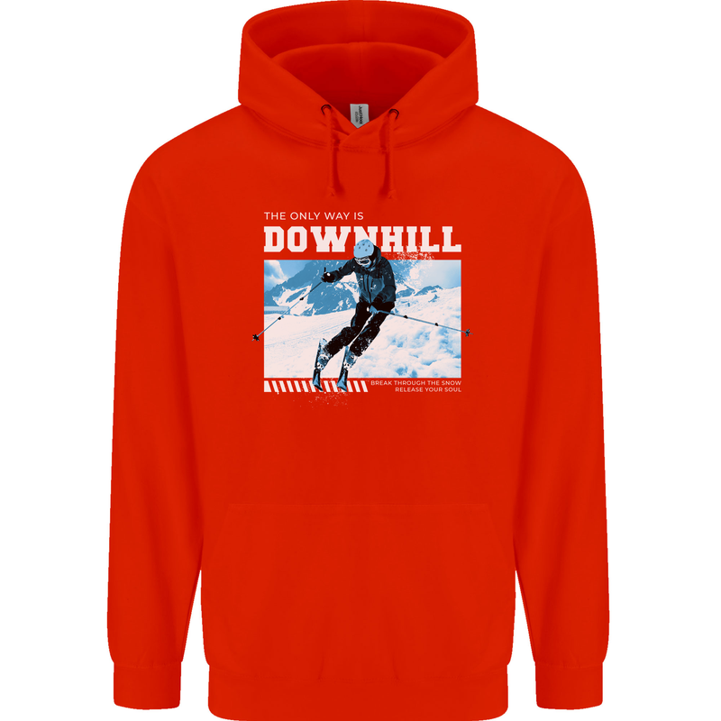 The Only Way is Downhill Skiing Ski Skier Mens 80% Cotton Hoodie Bright Red