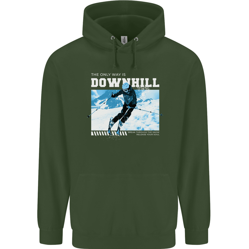 The Only Way is Downhill Skiing Ski Skier Mens 80% Cotton Hoodie Forest Green