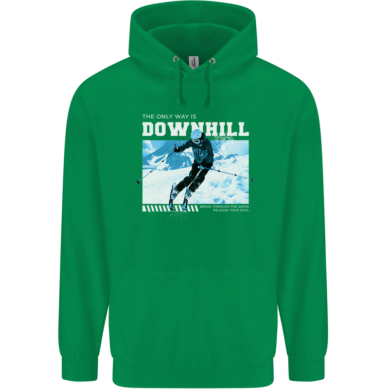 The Only Way is Downhill Skiing Ski Skier Mens 80% Cotton Hoodie Irish Green