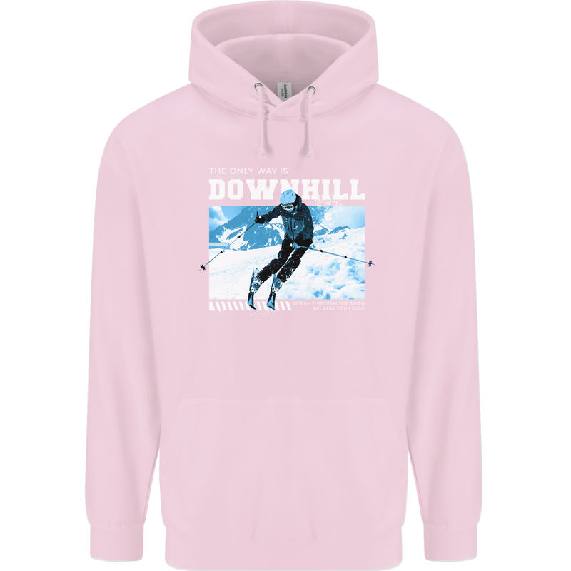 The Only Way is Downhill Skiing Ski Skier Mens 80% Cotton Hoodie Light Pink
