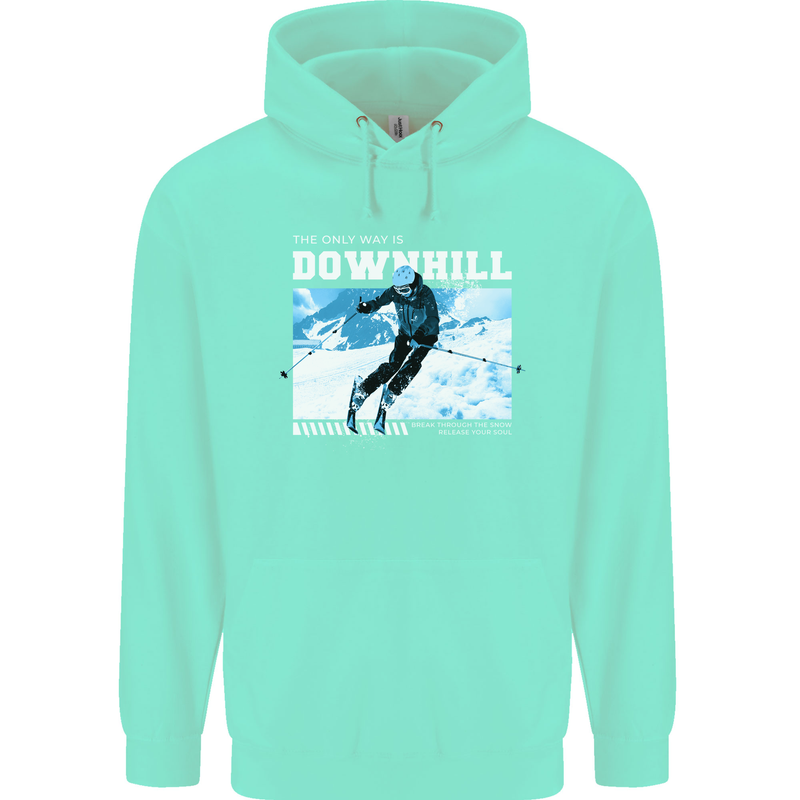 The Only Way is Downhill Skiing Ski Skier Mens 80% Cotton Hoodie Peppermint