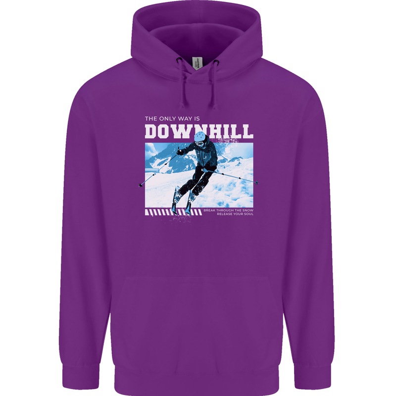 The Only Way is Downhill Skiing Ski Skier Mens 80% Cotton Hoodie Purple