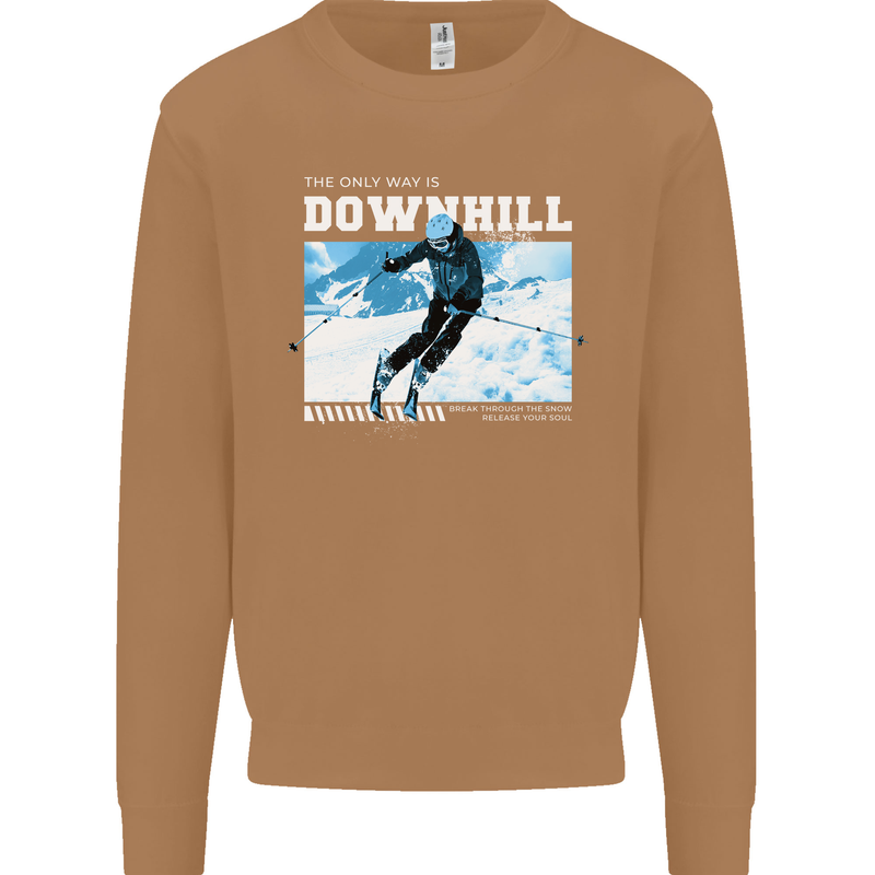 The Only Way is Downhill Skiing Ski Skier Mens Sweatshirt Jumper Caramel Latte