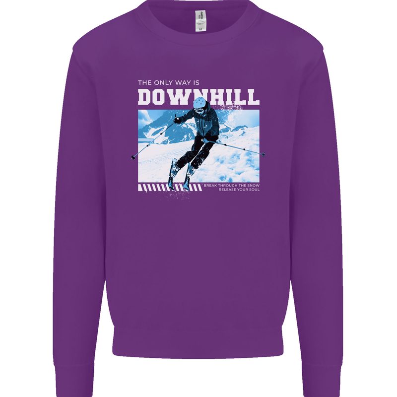 The Only Way is Downhill Skiing Ski Skier Mens Sweatshirt Jumper Purple