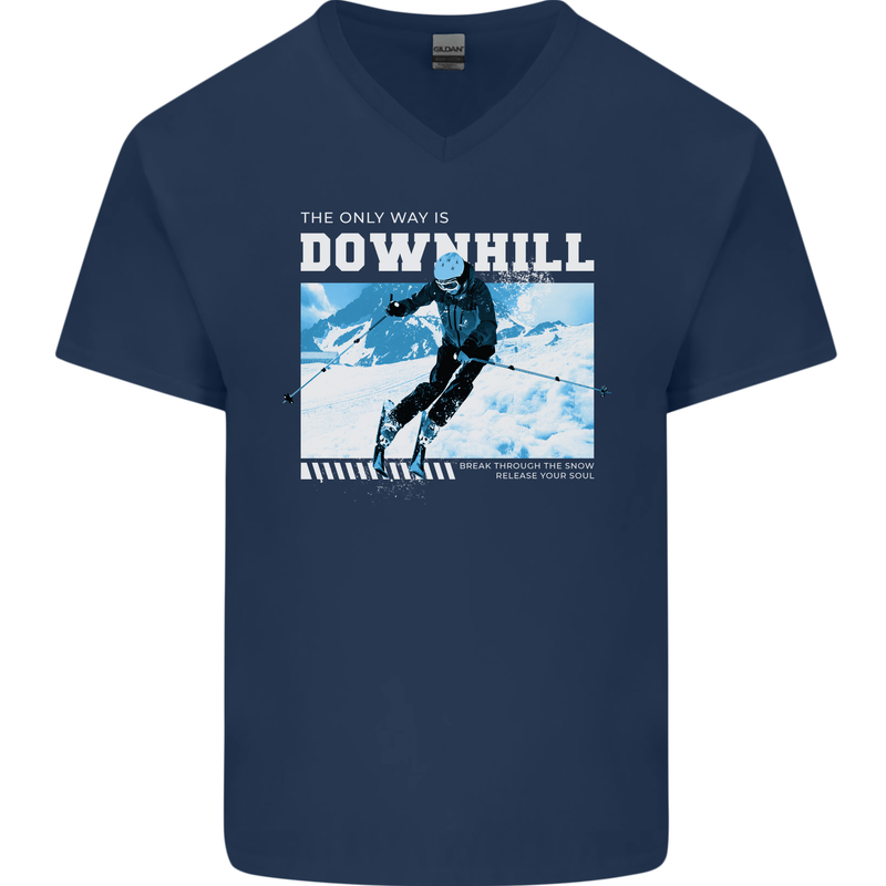 The Only Way is Downhill Skiing Ski Skier Mens V-Neck Cotton T-Shirt Navy Blue