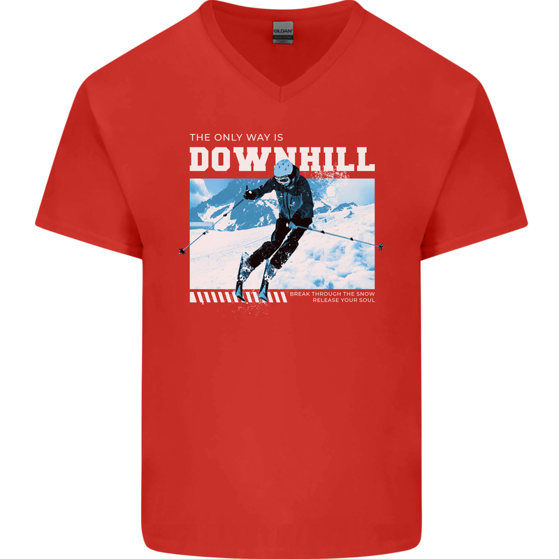 The Only Way is Downhill Skiing Ski Skier Mens V-Neck Cotton T-Shirt Red