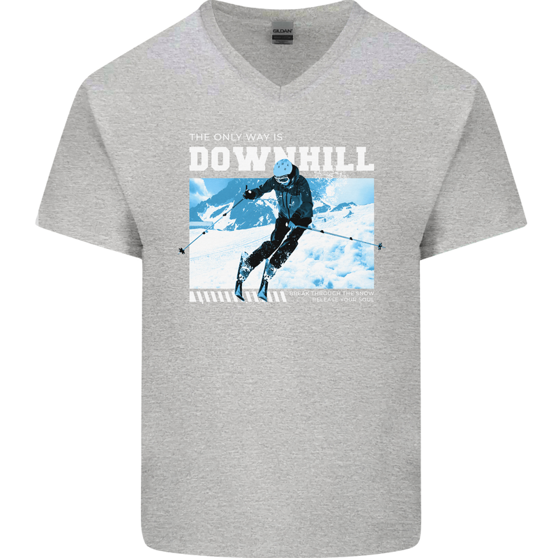 The Only Way is Downhill Skiing Ski Skier Mens V-Neck Cotton T-Shirt Sports Grey