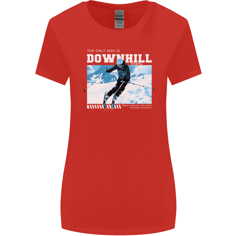 The Only Way is Downhill Skiing Ski Skier Womens Wider Cut T-Shirt Red