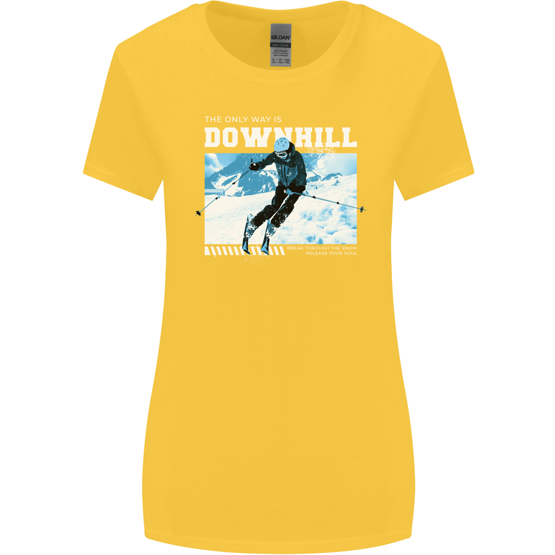 The Only Way is Downhill Skiing Ski Skier Womens Wider Cut T-Shirt Yellow
