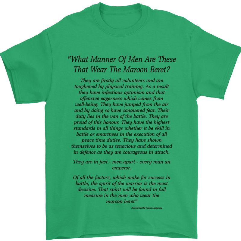The Parachute Regiment Charter 1 2 3 4 Para Mens T-Shirt Cotton Gildan Irish Green