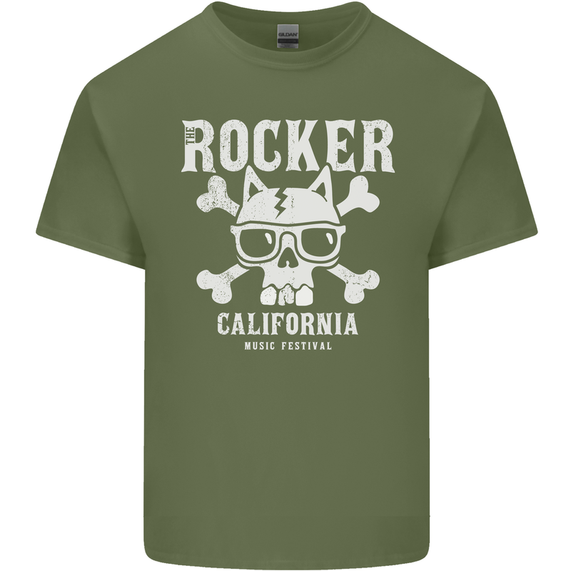 The Rocker Rock n Roll Music Skull Mens Cotton T-Shirt Tee Top Military Green