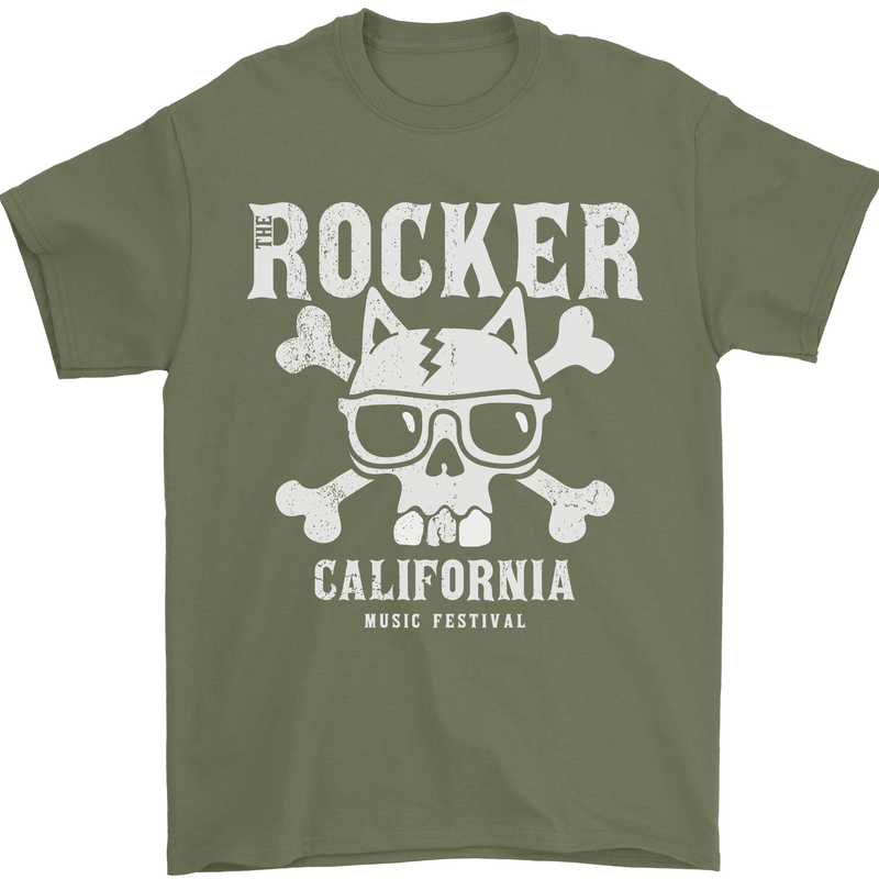 The Rocker Rock n Roll Music Skull Mens T-Shirt 100% Cotton Military Green