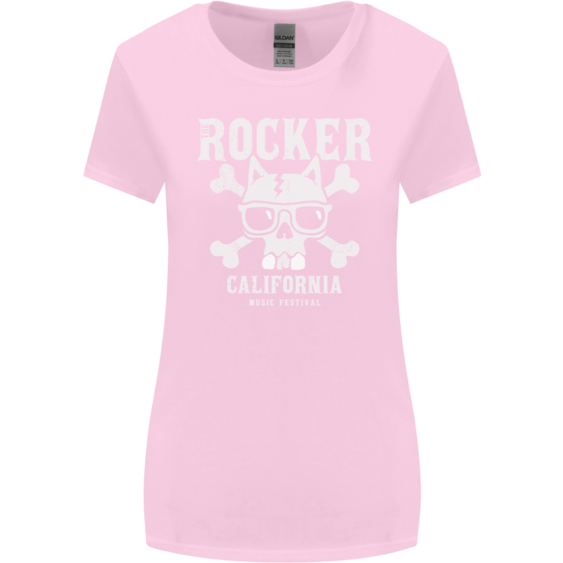 The Rocker Rock n Roll Music Skull Womens Wider Cut T-Shirt Light Pink
