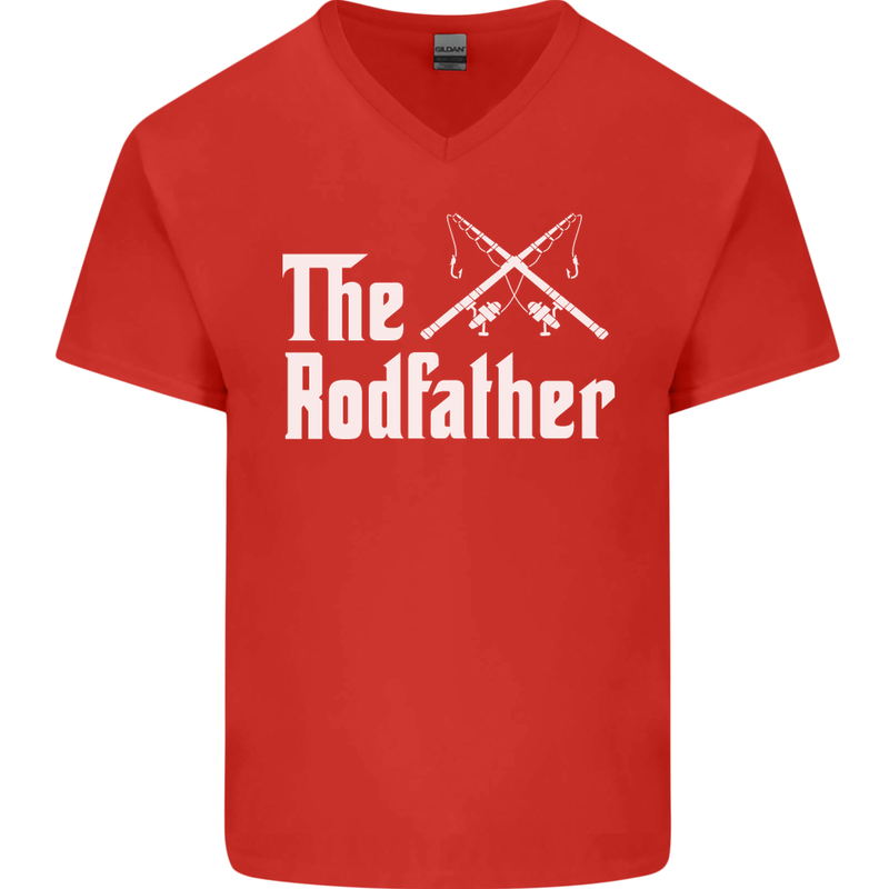 The Rodfather Funny Fishing Fisherman Mens V-Neck Cotton T-Shirt Red