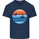The Rodfather Funny Fishing Rod Father Mens V-Neck Cotton T-Shirt Navy Blue