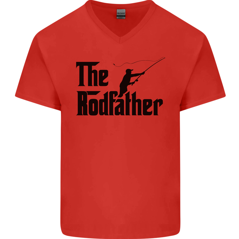 The Rodfather Funny Fishing Rod Father Mens V-Neck Cotton T-Shirt Red