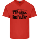 The Rodfather Funny Fishing Rod Father Mens V-Neck Cotton T-Shirt Red