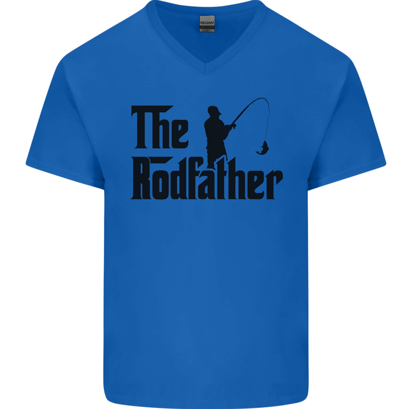 The Rodfather Funny Fishing Rod Father Mens V-Neck Cotton T-Shirt Royal Blue