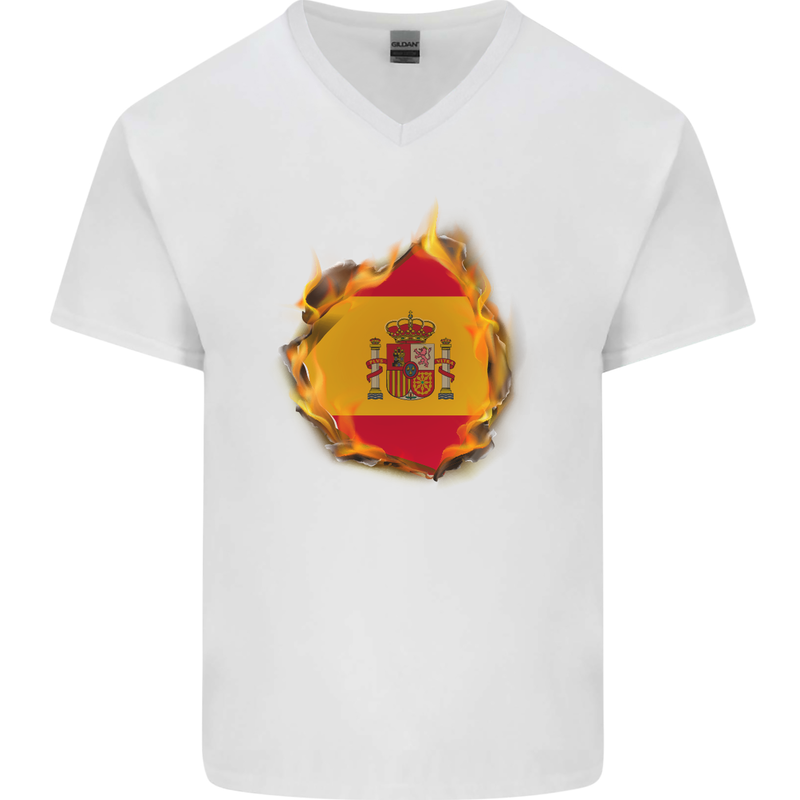 The Spanish Flag Fire Effect Spain Mens V-Neck Cotton T-Shirt White