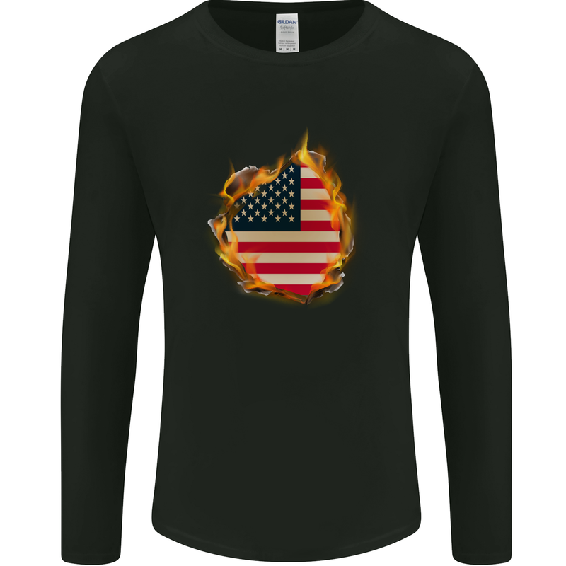 The Stars & Stripes American Flag Fire USA Mens Long Sleeve T-Shirt Black