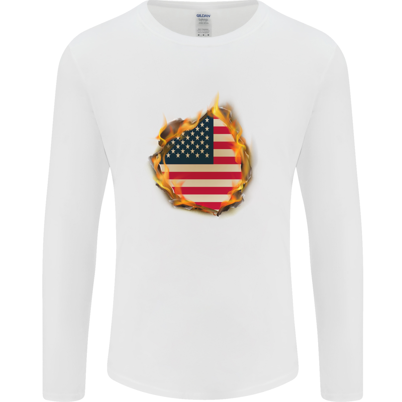 The Stars & Stripes American Flag Fire USA Mens Long Sleeve T-Shirt White