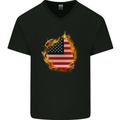 The Stars & Stripes American Flag Fire USA Mens V-Neck Cotton T-Shirt Black