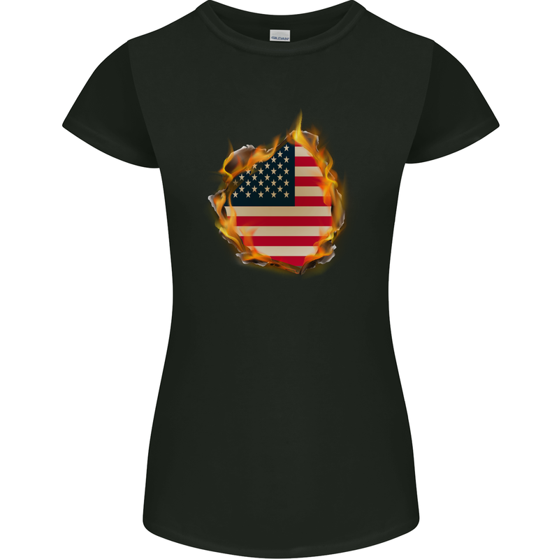 The Stars & Stripes American Flag Fire USA Womens Petite Cut T-Shirt Black